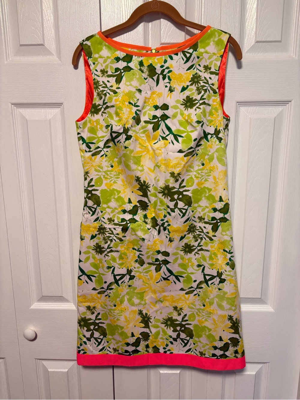 Tahari Floral Sleeveless Shift Dress Yellow/Green Floral Print and Orange Trim